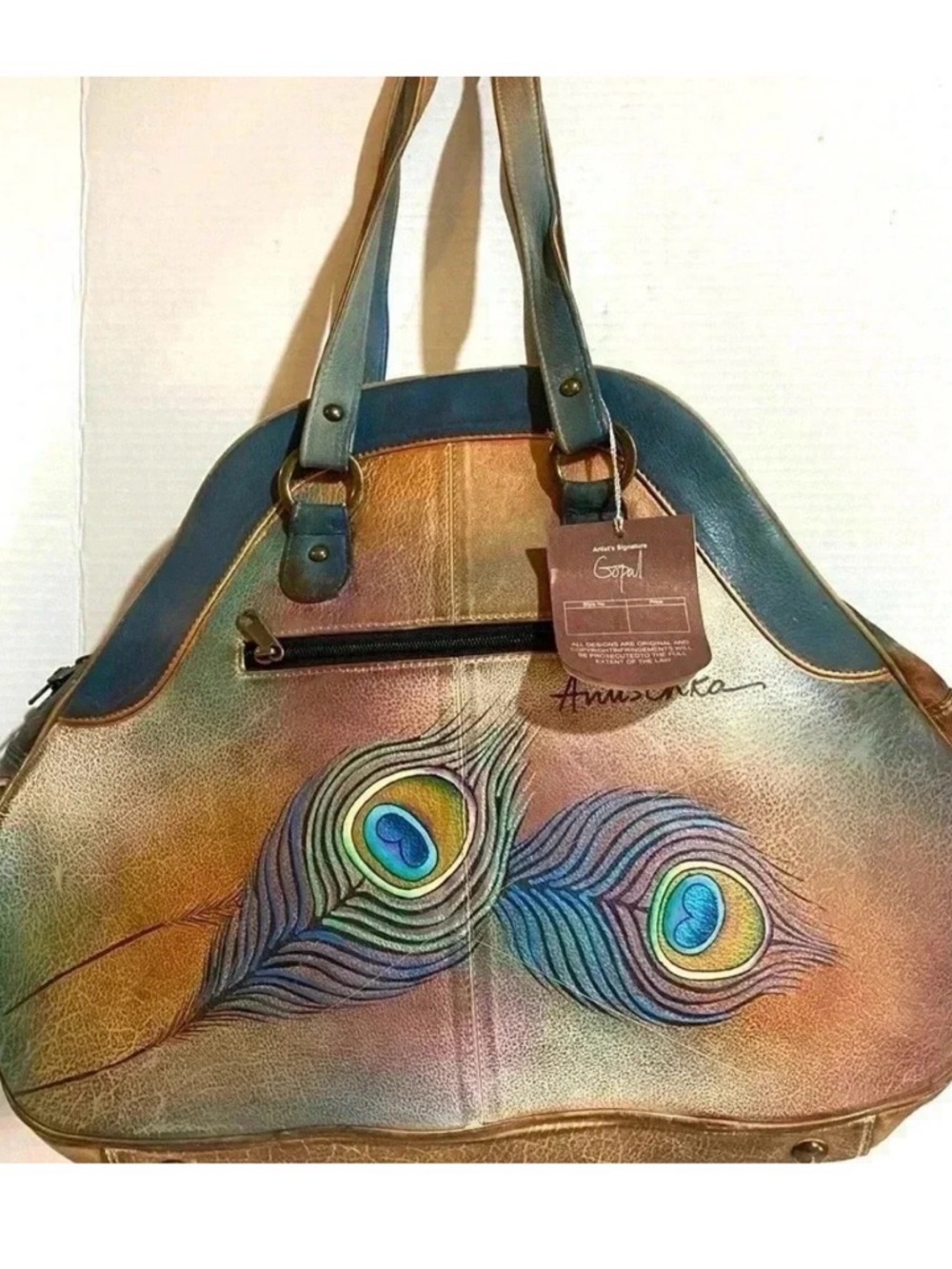 Anuschka Hand-Painted Peacock Feather Hibiscus Flower Hobo Extra Large Satchel - Picture 2 of 14